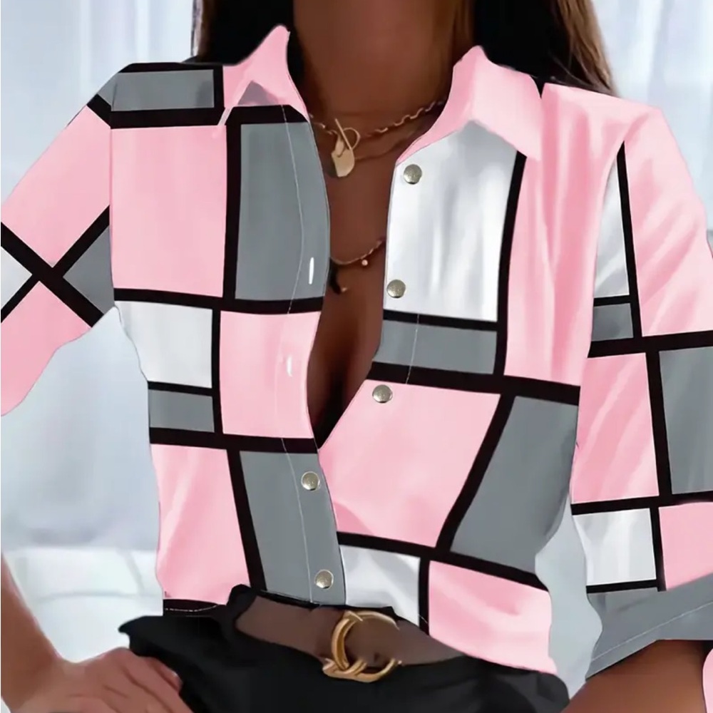 WOMENS BLOUSE BUTTON FRONT PLAID SHIRT PINK GRAY WHITE BLACK LONG SLEEVE SMALL